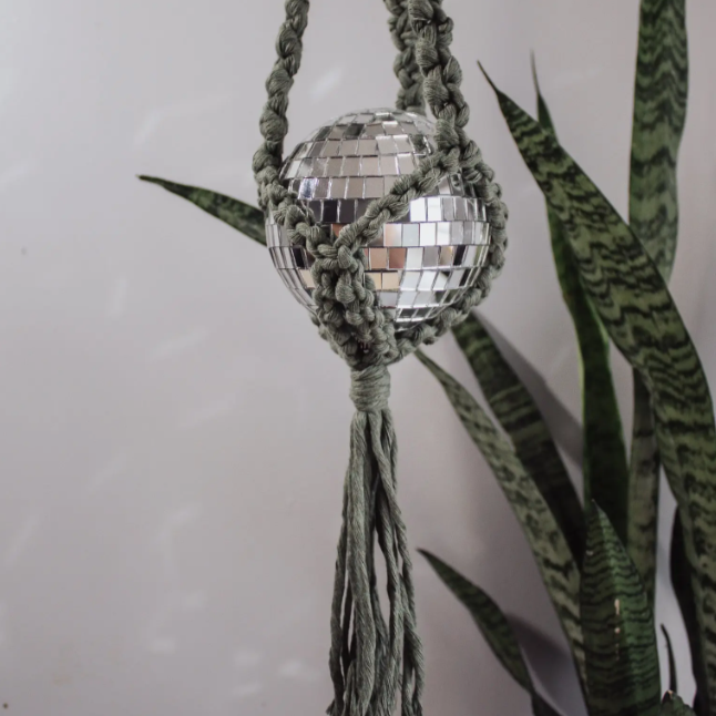 Olive Disco Ball Macrame Hanger