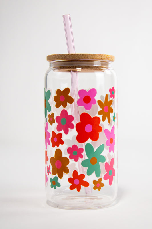 Groovy Floral Glass Can Cup