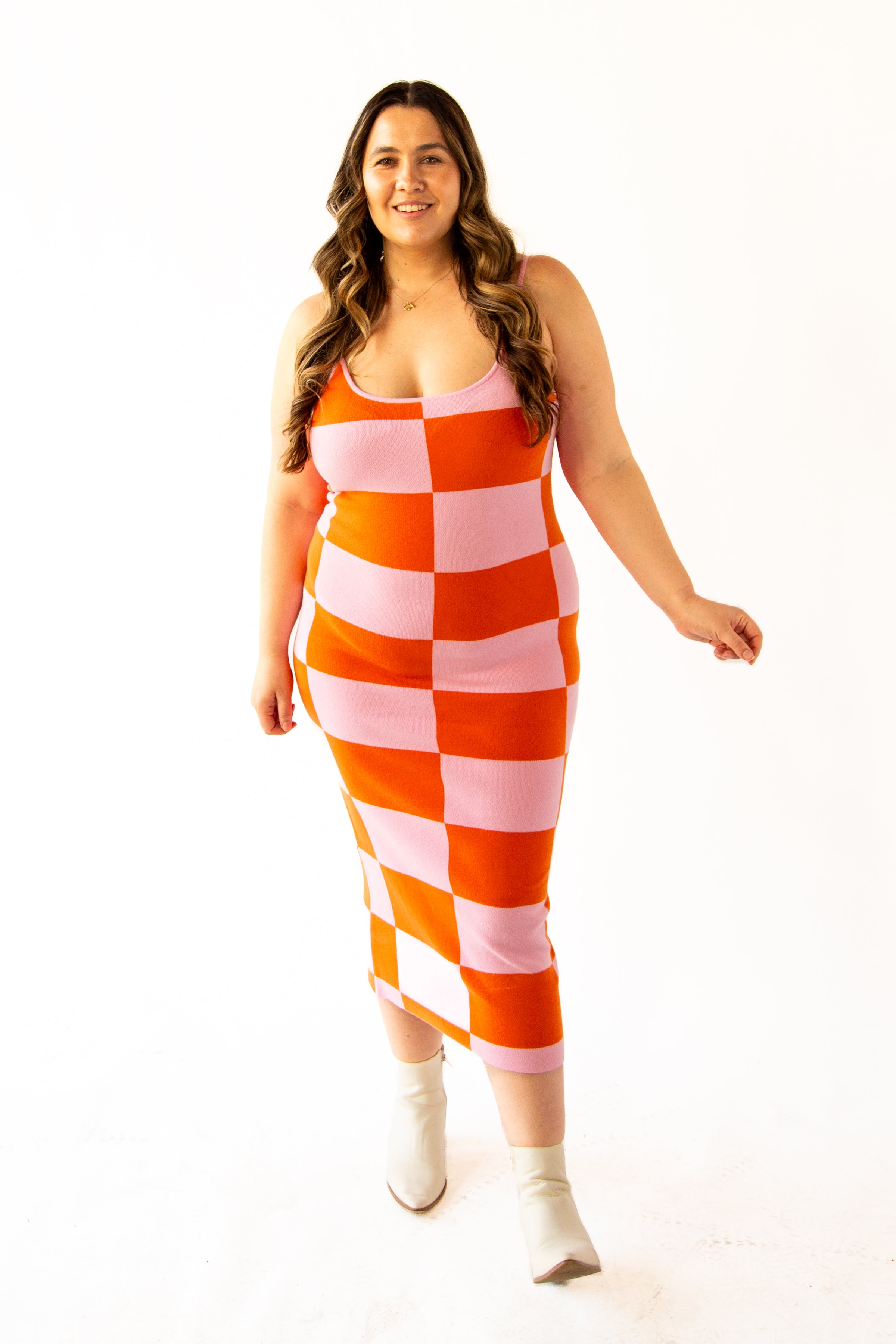 orange and white plus size dress Sunset Dream Checkered Knit Dress | Plus Size Checkered Dress