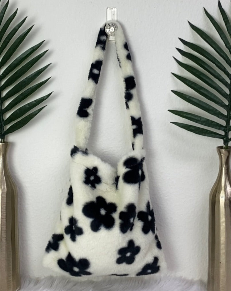 Black and White Floral Fuzzy Tote