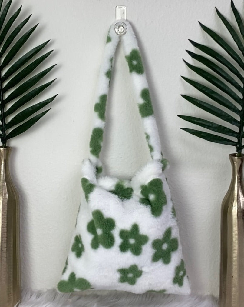 Green Floral Fuzzy Tote