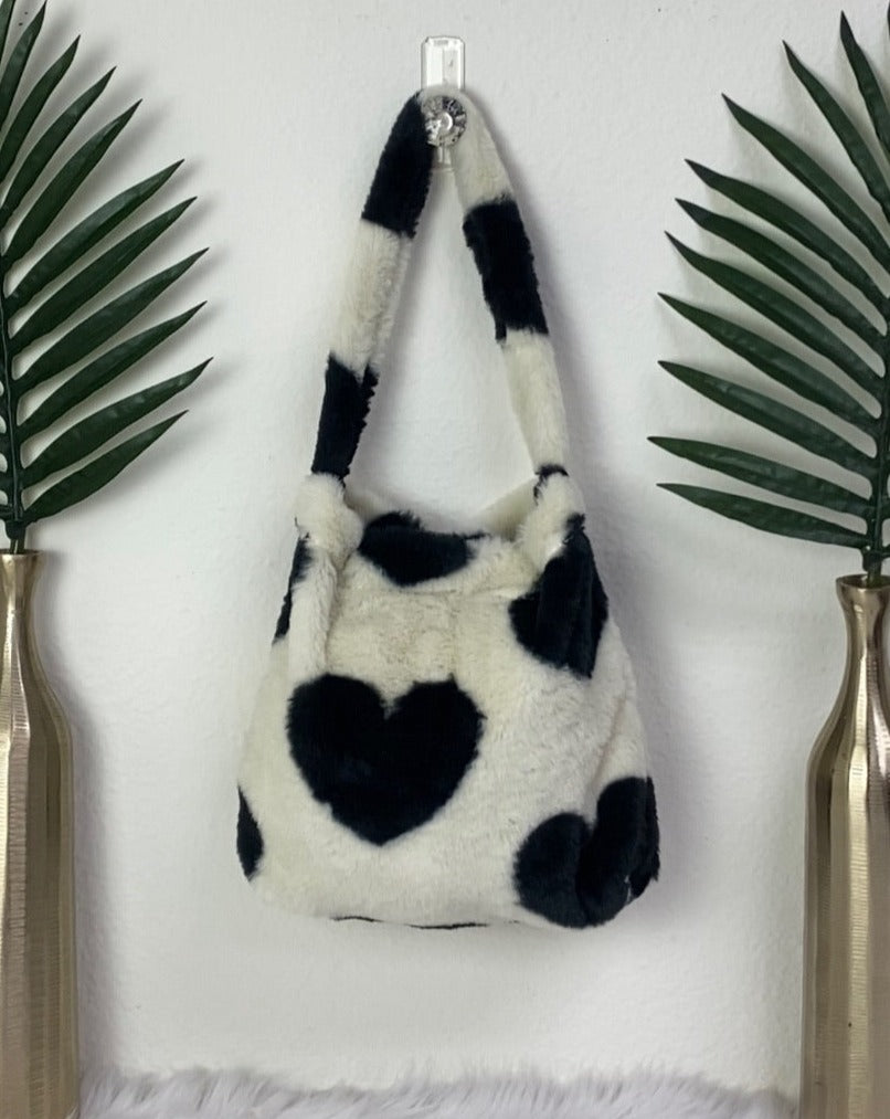 Black and White Heart Fuzzy Tote